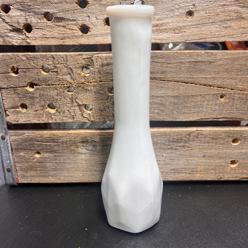 Vintage EO Brody Glass White Milk Glass Diamond Faceted Bud Vase 9 Inch